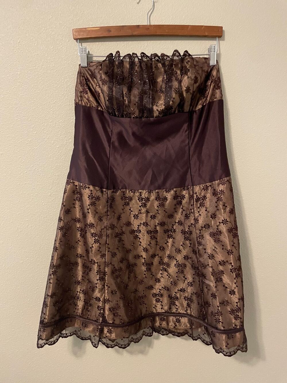 VTG Scott McClintock Dress Womens 14 Brown Floral Lace Strapless Formal READ